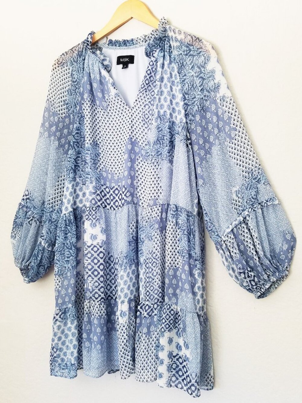 MSK Ruffle V Neck Baby Doll Dress XL Chiffon Patchwork Blue Shimmer Boho Cottage - Picture 3 of 15
